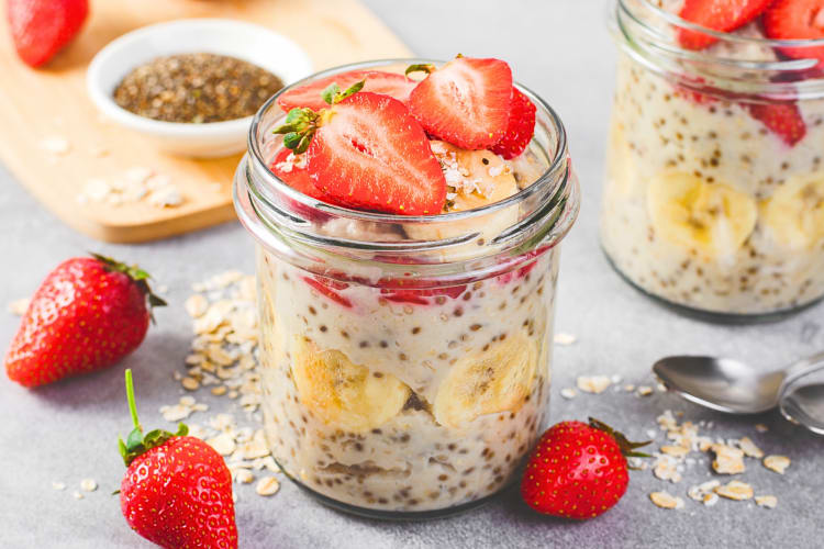 Chia seed overnight oats filled with strawberry and banana pieces
