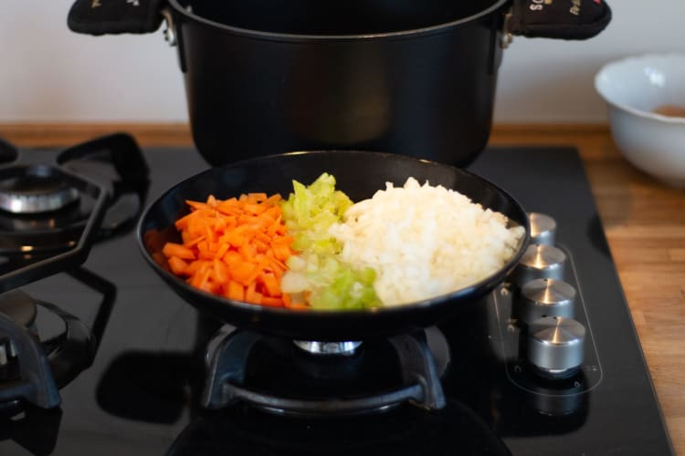 Mirepoix diced vegetables including carrots, onions and celery alternative to chicken broth