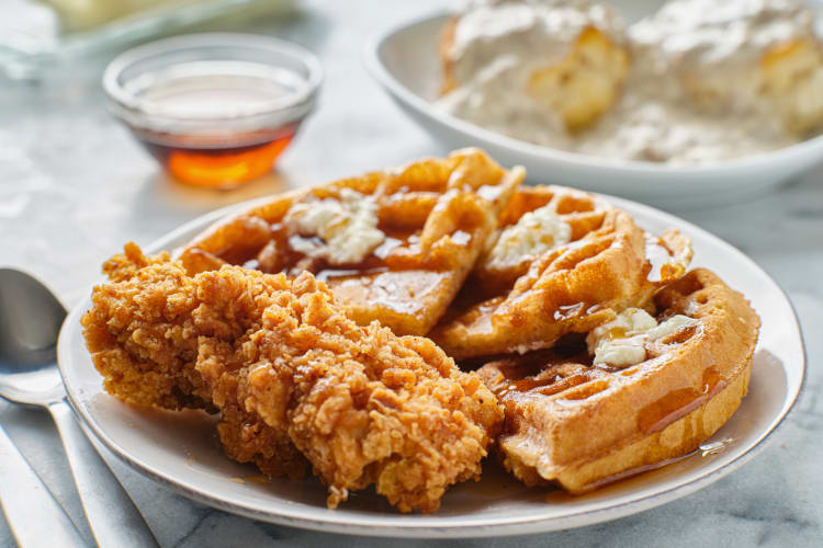 Chicken and waffles with sauce on top