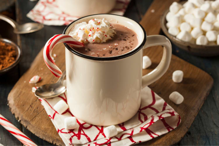 A cup of hot chocolate with whipped cream and a candy cane