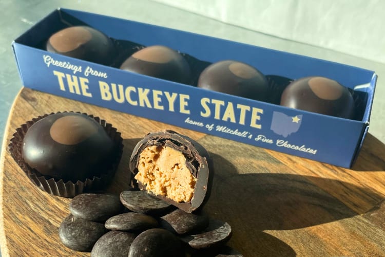 Chocolates in a box with a The Buckeye State label