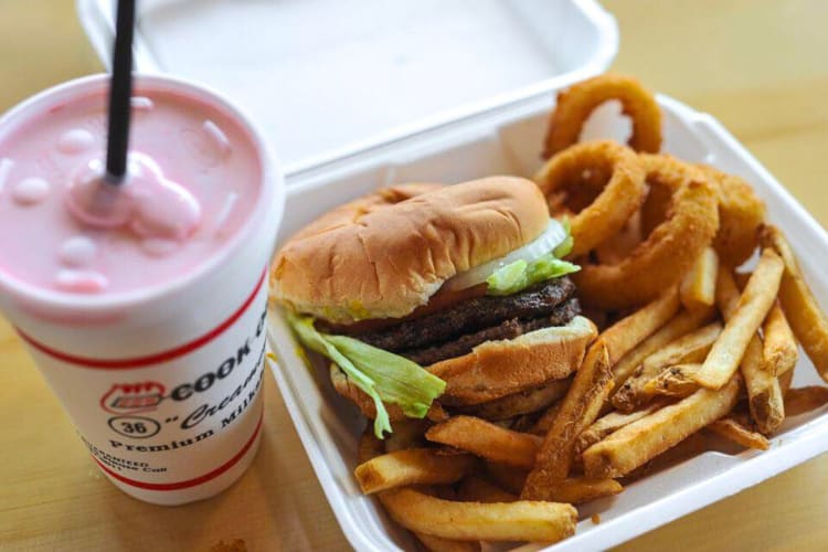 Burger, fries, onion rings and a milkshake from Cook Out
