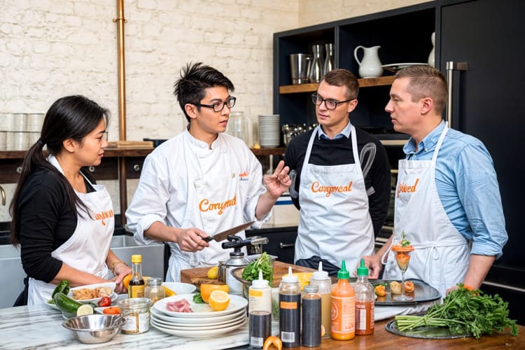 Three people taking a cooking class with an expert chef, booked through Cozymeal