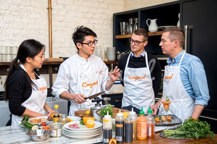 Three people taking a cooking class with an expert chef as a family Christmas tradition