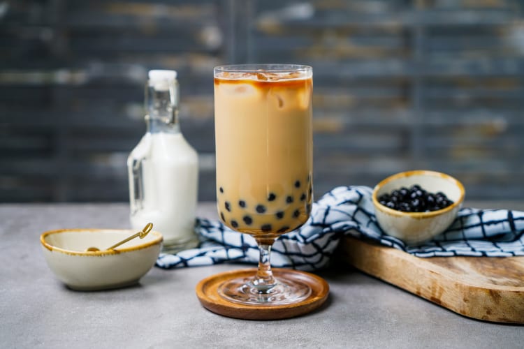 boba latte features bouncy tapioca pearls