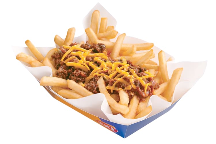 Chili cheese fries in a blue takeout container