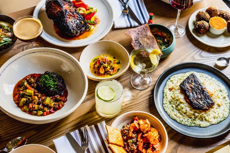 A selection of dishes and drinks on a table