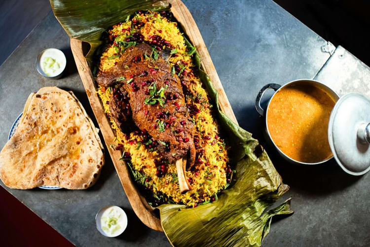 Aerial view of a nalli briyani meal from Dhamaka, a restaurant on the Lower East Side of NYC