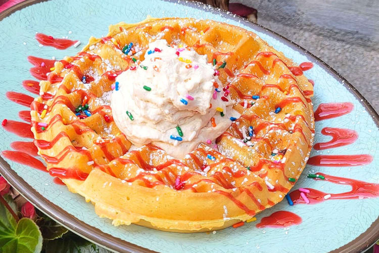Double Rainbow waffle topped with whipped cream, from Dime Store