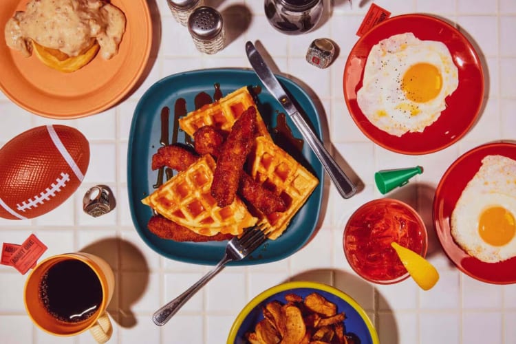 A spread of breakfast dishes at Cincinnati diner, Hangover Easy