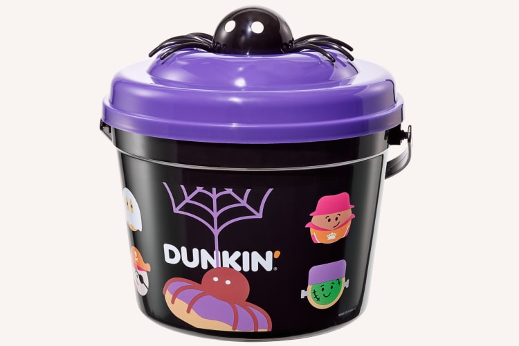 A black bucket with Halloween design and a spider lid