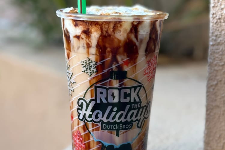 An iced Dutch Bros drink with chocolate syrup
