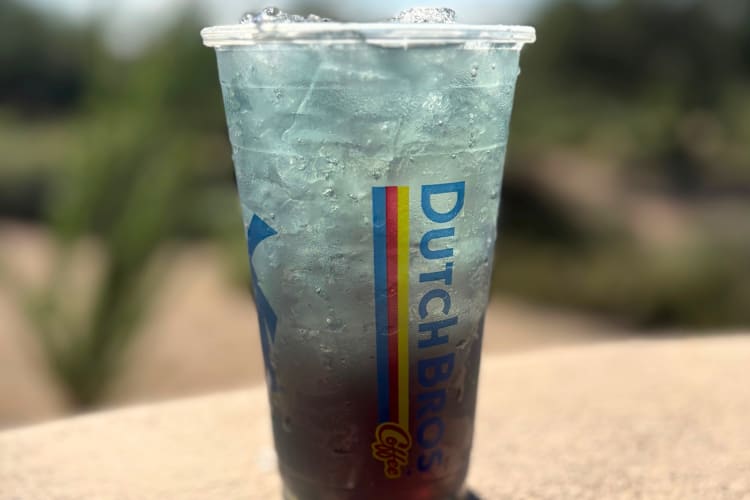 A blue and purple iced drink from Dutch Bros