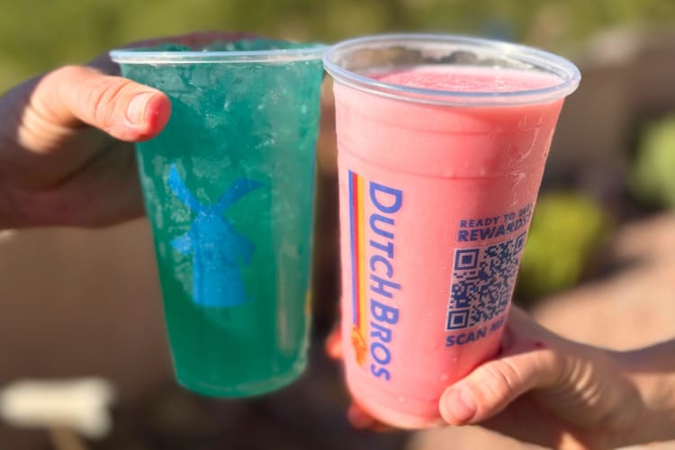 A blue drink and a pink drink from Dutch Bros