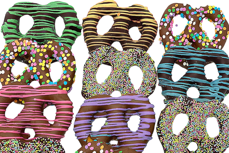 Chocolate-covered pretzels with colorful decorations