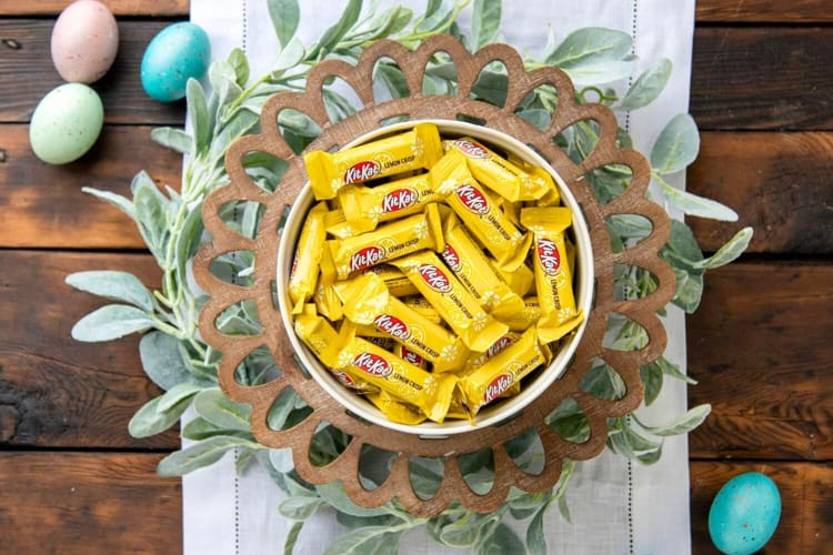 A bowl of lemon Kit Kats surrounded by Easter decorations