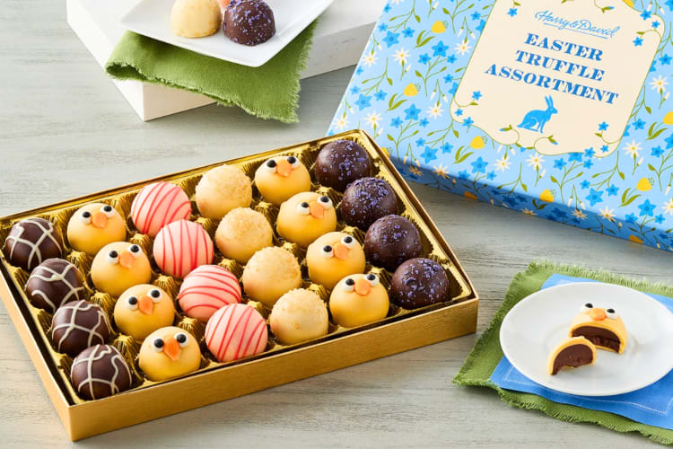 A box of truffles, inlduing some decorated like chicks