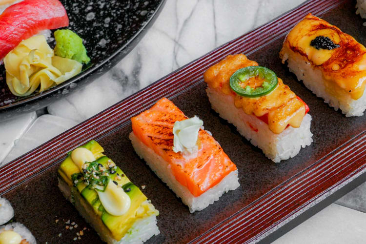 A selection of pressed sushi