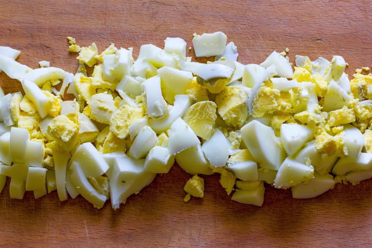 Aerial close-up view of finely chopped boiled eggs