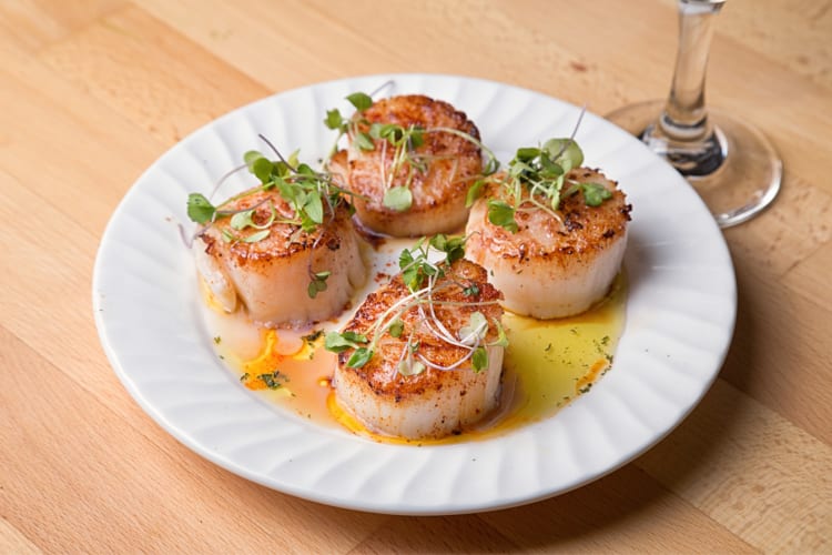 Four seared scallops on a white plate with garnish on top