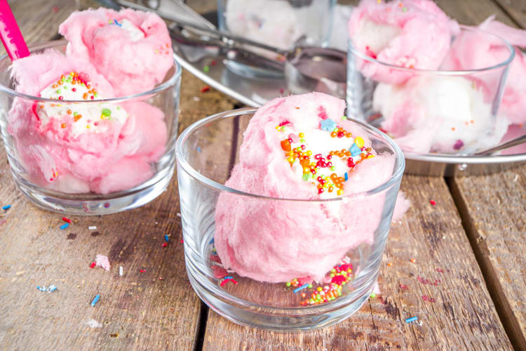 Ice cream coated in candy floss, in glass jars
