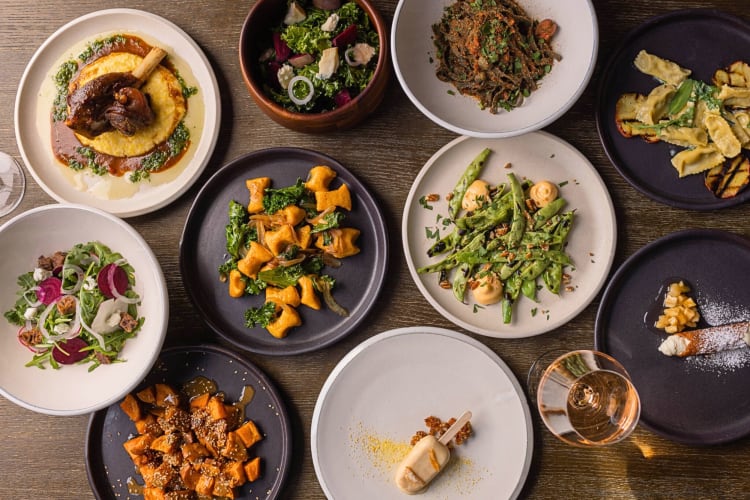 Aerial view of a variety of dishes from FarmBar
