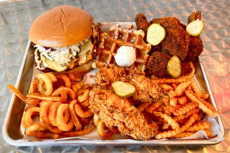 Fried chicken and sides on a tray