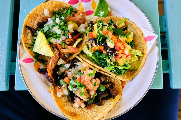 Three tacos on a plate on a blue table