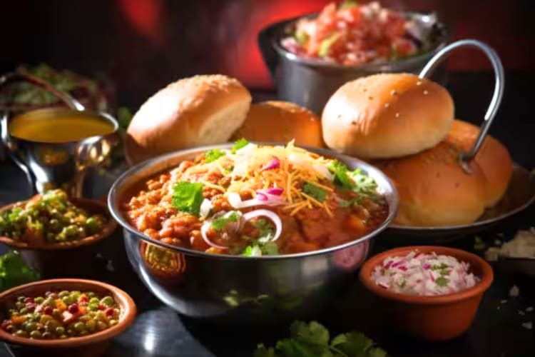 Indian street food curry with bread buns and vegetables