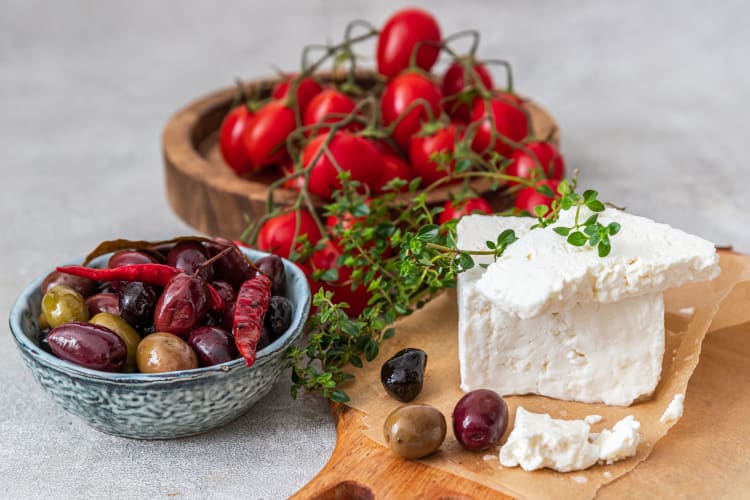 Feta cheese with olives and tomatoes make a delicious salad