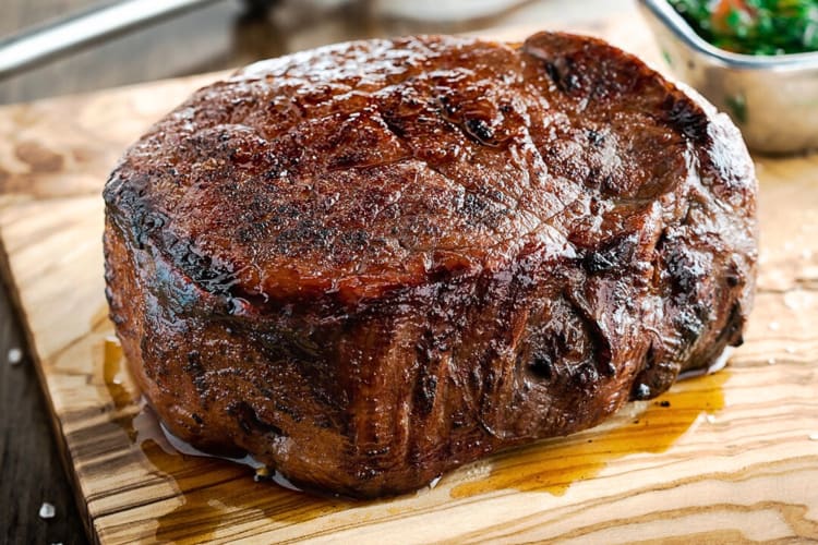 Close-up of a steak from Fogo de Chão, a restaurant open on Christmas Day