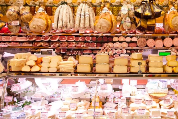 A display of meats and cheeses from Salumeria Simoni in Bologna