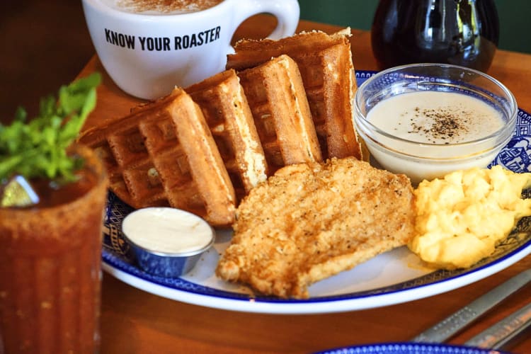 Chicken and waffle meal from Founding Farmers
