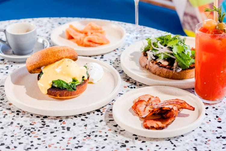 Brunch dishes on a patio table