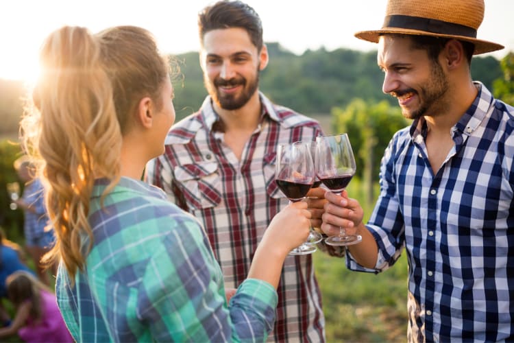 Three friends sharing a happy moment outdoors in a vineyard while wine tasting 