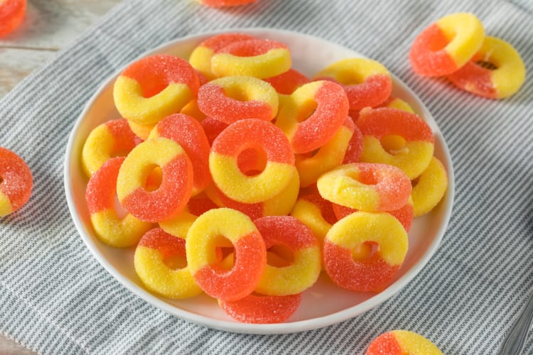 Peach rings candy on a plate