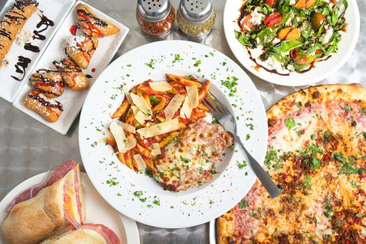 Aerial view of a variety of Italian dishes