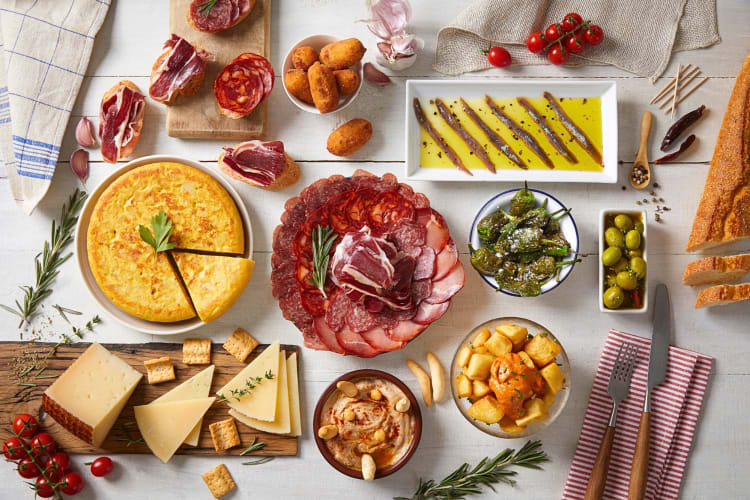 Aerial view of a variety of Spanish food