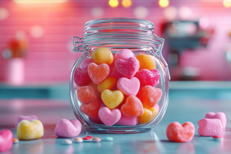A jar with colorful, heart-shaped candies
