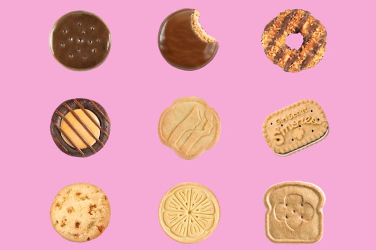 Various Girl Scout Cookies on a pink background