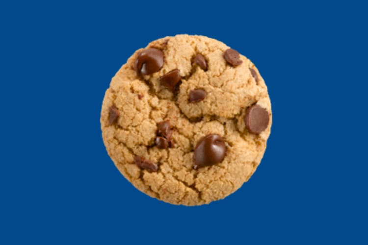 A chocolate chip cookie on a blue background