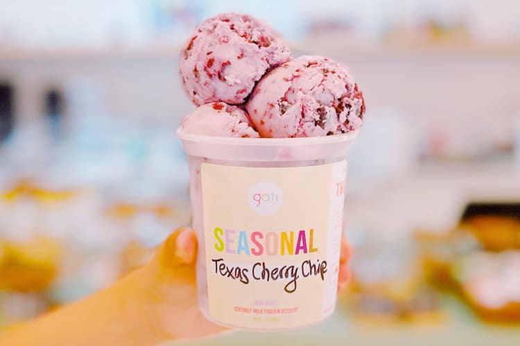 A tub of Texas Cherry Chip ice cream