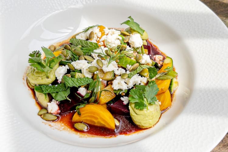 A beet and feta salad with sunflower seeds