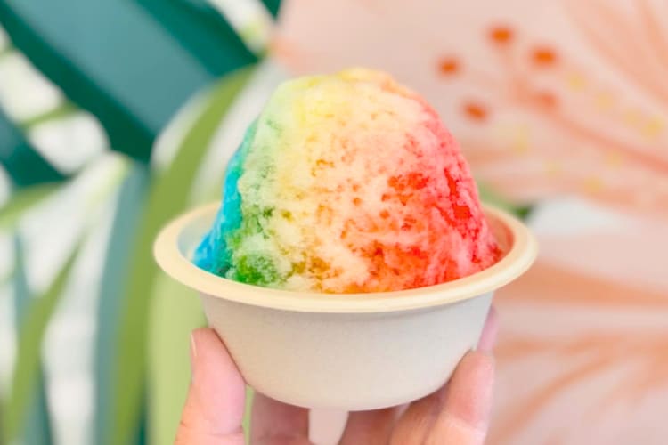 A person holding a cup of colorful shave ice