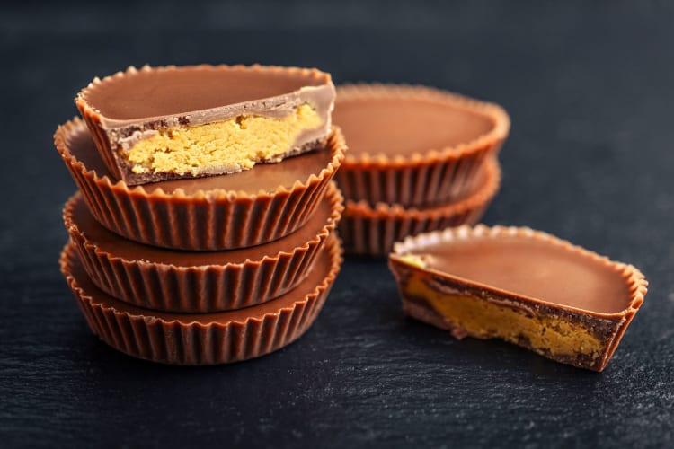Chocolate peanut butter cups stacked 
