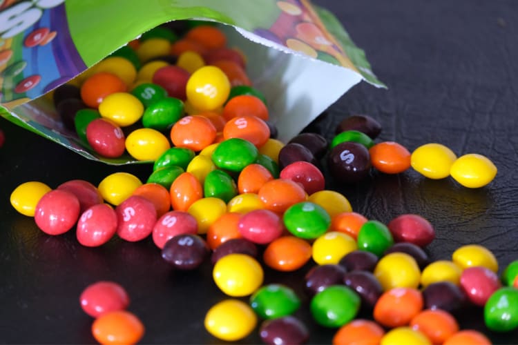 A bag with colorful Skittles candy 