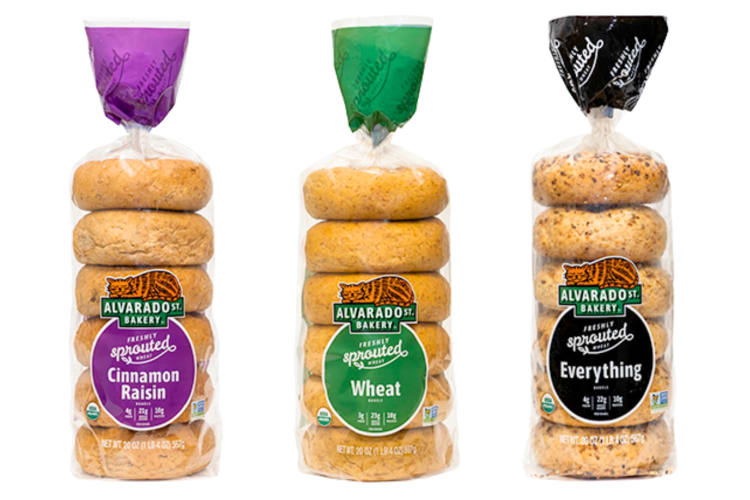 Three different types of bagels in packaging