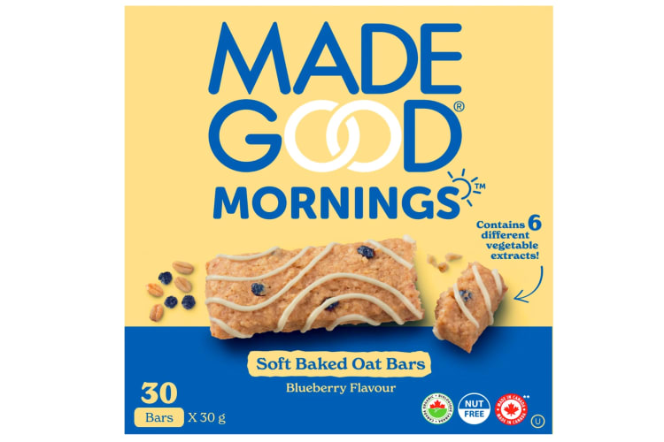A box of MadeGood Mornings Blueberry Soft Baked Breakfast Bars