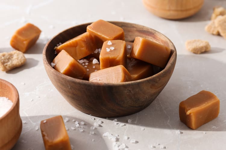 Sea salt caramels in a wooden bowl