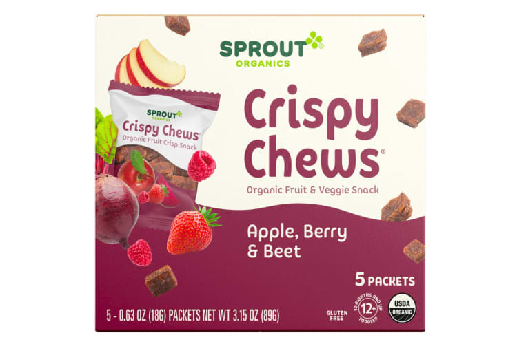 A purple and white box that says Sprout Organics Crispy Chews